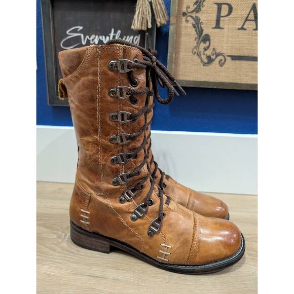 Bed Stu Medallion Lace Up Combat Moto Boots Women’s 8.5 Tan Leather Mid Calf - Picture 2 of 12